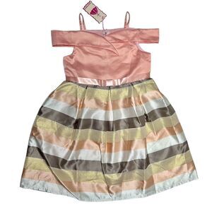 NWT Girl’s Formal Dress Light Pink Gold White Stripes Bow Tie Back Cold Shoulder